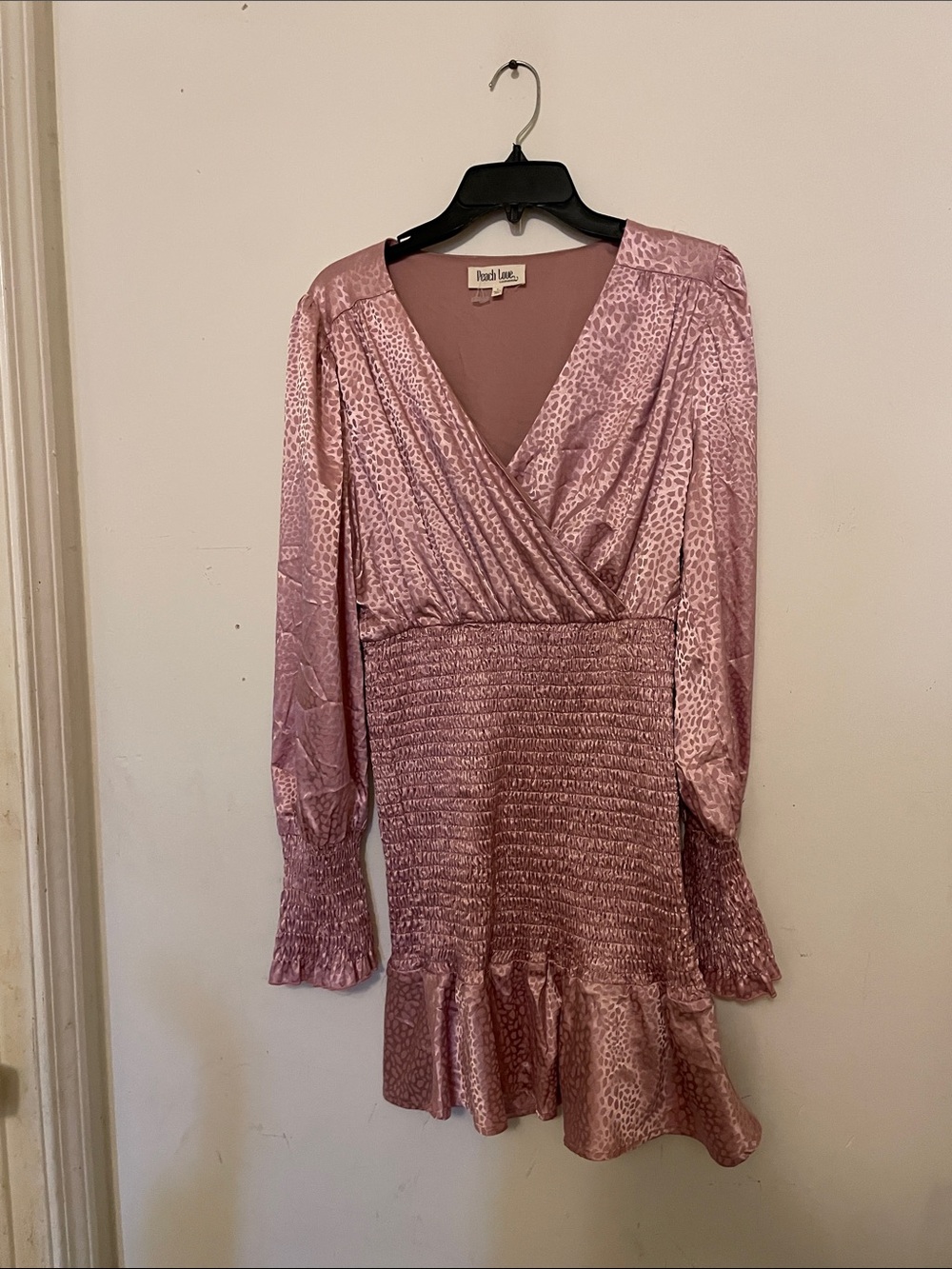 Peach Love California Pink Satin Wrap Dress with Smocked Waist